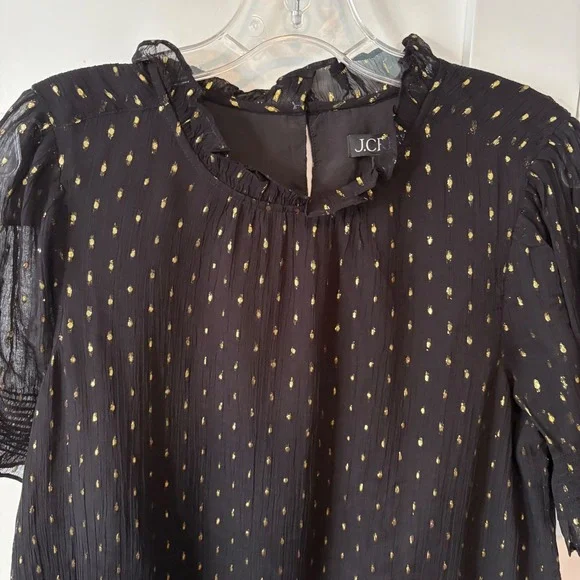 NWT J. Crew Women's Black and Gold Chiffon Smocked Puff Sleeve Top in Size M - Picture 3 of 8